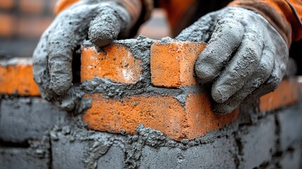 Close-up of hands in gray gloves applying mortar to bricks