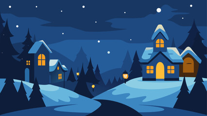 Cozy winter village scene under a starry night sky