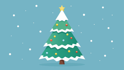 Festive green christmas tree decorated with ornaments and snowfall