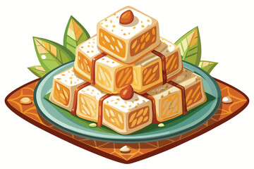 Colorful Turkish Delight Cubes Stacked on a Square Plate Sweet and Sugary Confectionery Ready to Eat in a Vector Illustration