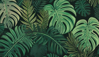 Lush green pattern of tropical jungle leaves and foliage. Detailed illustration of exotic monstera and palm fronds on a dark backdrop