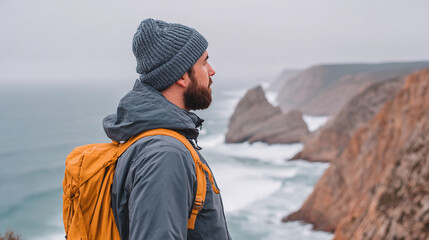 Man wearing a beanie gazes at rugged coastal cliffs while standing on a rocky outcrop by the ocean during an overcast day