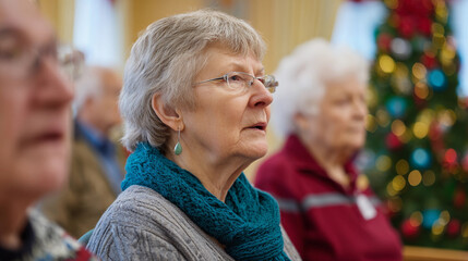 Elderly individuals participating in a community gathering during the Christmas holiday season, showcasing a warm atmosphere and festive decorations