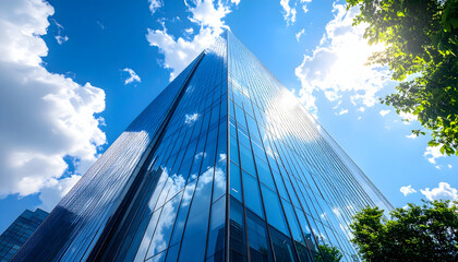 Skyscraper's Perspective: A modern skyscraper pierces the vibrant blue sky, reflecting the clouds and sunlight in its glass facade, offering a stunning architectural view.
