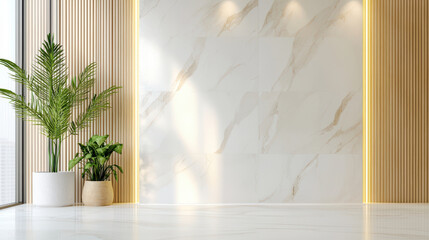 Luxurious marble wall with elegant lighting, complemented by indoor plants in stylish pots, creating serene atmosphere
