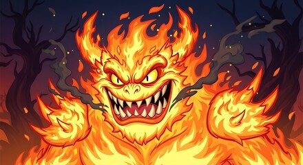 Fiery, monstrous creature engulfed in flames, a menacing figure against a dark forest backdrop.
