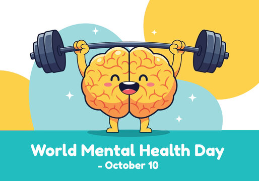 vector illustration of a happy brain character lifting a barbell for a World Mental Health Day theme of mental strength and resilience.