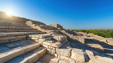 Majestic ruins of ancient stone structures under clear blue sky, showcasing intricate steps and historical architecture