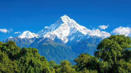 Majestic snowy mountain peaks rise against clear blue sky, surrounded by lush green trees and vibrant nature, creating breathtaking landscape