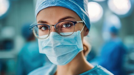 A skilled medical professional wearing a mask and glasses concentrates on patient care in a well-lit surgical environment, highlighting dedication and expertise in healthcare.