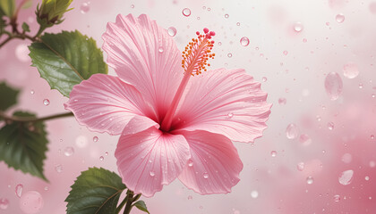 ai generator pink hibiscus flower with water drops in soft pastel tones for wedding invitation card design.