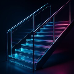 Futuristic Neon Staircase with Glass Railings