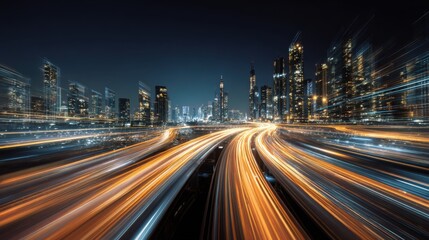 Fototapeta premium Bright light trails weave through a bustling cityscape at night, highlighting tall buildings and a dynamic skyline. The scene captures the energy of urban life after dark.