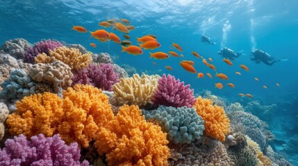 Naklejka premium Vibrant Coral Reef Underwater Scene with Colorful Fish and Divers Exploring Rich Marine Life in Crystal Clear Water