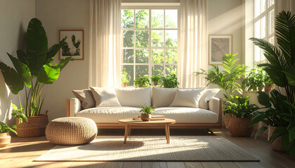 Sunlit Sanctuary: A cozy living room basks in natural light, where verdant houseplants add a touch of nature to an otherwise simple room. The sun streams through a large window.