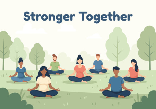 vector illustration of a diverse group of people meditating together in a park for a World Mental Health Day 'Stronger Together' concept of community support.