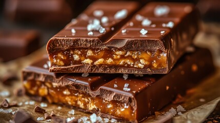 Close-up of two dark chocolate bars stacked, revealing a caramel filling studded with nuts.  Sea salt crystals are visible on the surface