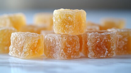 Close-up of small, golden-yellow, square candies