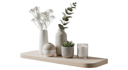 Evoking calm with neutral vases holding eucalyptus and baby s breath alongside a soft candle on transparent background