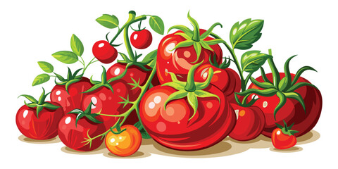 Vibrant Cluster of Tomatoes with Lush Green Leaves A Colorful and Appetizing Still Life Vegetable Medley