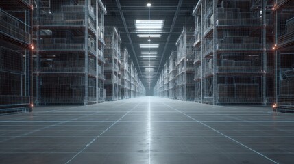 Futuristic Warehouse Interior with Digital Grid Overlay, Empty Aisle Perspective, High-Tech Storage Facility Concept, Modern Logistics Design