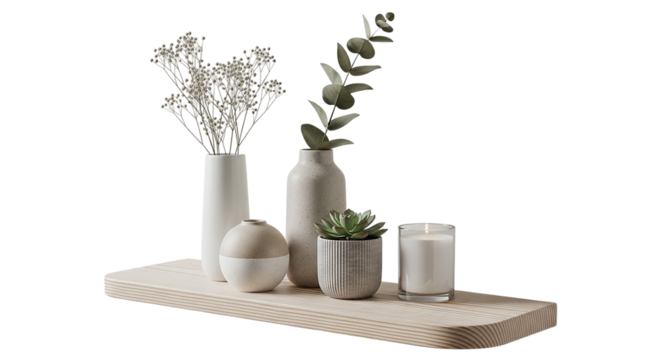 Evoking calm with neutral vases holding eucalyptus and baby s breath alongside a soft candle on transparent background
