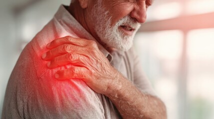 An elderly man grimaces while holding his shoulder, indicating discomfort from pain. The bright indoor environment highlights his expression of distress and struggle.