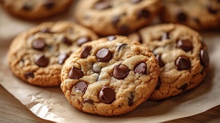 Close-up of warm, golden chocolate chip cookies on parchment paper
