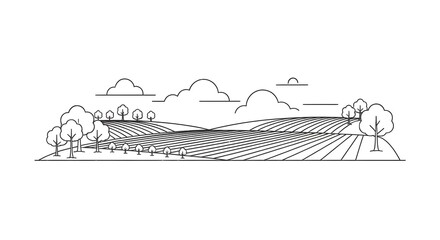Fototapeta premium Serene Countryside Landscape: Rolling Hills, Farmland, and Trees Under a Cloudy Sky Line Art Illustration