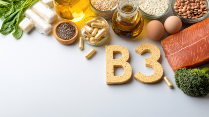 Vitamin B3 rich foods include salmon, eggs, nuts, and greens, promoting health and vitality