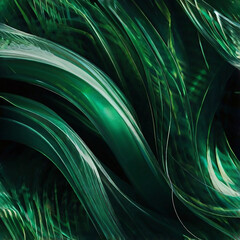Abstract flowing emerald green liquid waves with subtle light reflections creating a dynamic and luxurious organic texture background