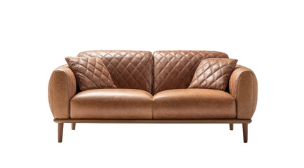 Two-seater tan leather couch with quilted back