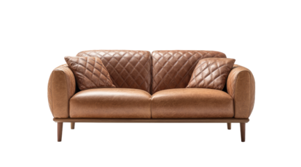 Two-seater tan leather couch with quilted back