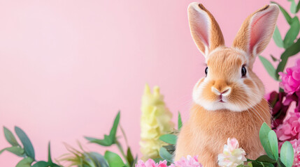 Obraz premium Cute rabbit surrounded by colorful flowers on soft pink background, creating cheerful and vibrant atmosphere