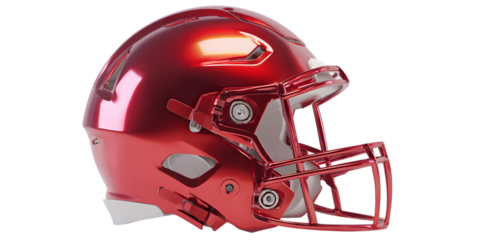 Shiny red american football helmet on black background