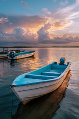 Naklejka premium Small Blue and White Boat at Sunset on Calm Water