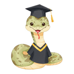 Cartoon Green Snake Character Wearing Graduation Outfit on Transparent Background