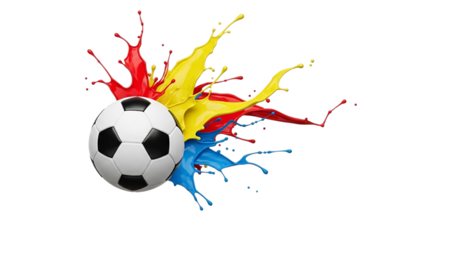 A dynamic soccer ball bursts into vibrant life exploding with energetic red yellow and blue on transparent background