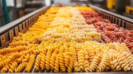 Colorful pasta spirals on a conveyor belt in a food factory
