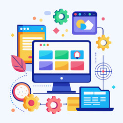 Website development concept with computer and gears vector illustration