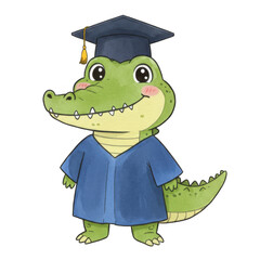 Green Alligator Character in Blue Graduation Gown and Cap on Transparent Background