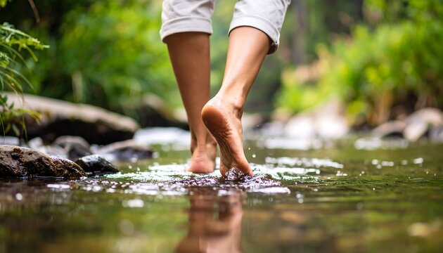 Barefoot woman walking in a shallow stream