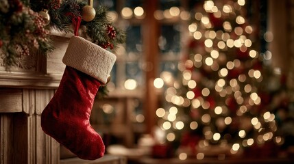 Velvet Christmas stocking hanging by fireplace with tree lights
