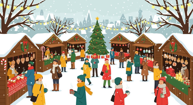 Winter Market Vector Illustration with Christmas Tree People and Stalls Festive Scene - Powered by Adobe