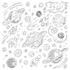 Cute Hand-Drawn Space Elements and Planets Doodle Set