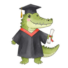 Graduating Alligator Cartoon with Graduation Cap and Gown Celebration Ready Transparent