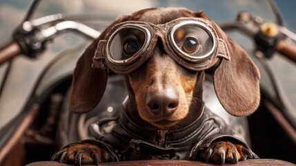A dachshund dressed in a leather aviator jacket and goggles sits confidently in the cockpit of an aircraft, looking ready for takeoff.