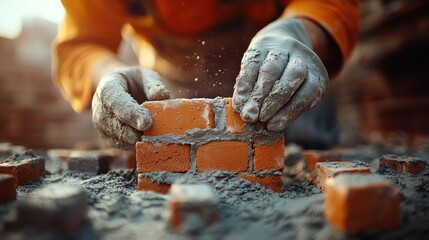 Construction worker placing bricks