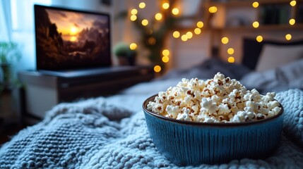 Cozy movie night on a bed. A bowl of popcorn sits on a bed covered with a soft blanket,  with a laptop displaying a sunset