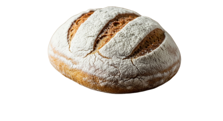 A freshly baked loaf of sourdough bread still warm from the oven covered in flour dusting in on transparent background